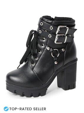 Goth Platform Ankle Boots Chunky Heel Buckle Combat Booties